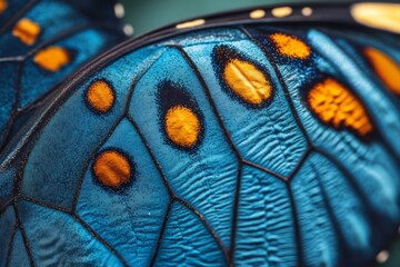 Extreme close-up of insect wing showing blue and orange patterns and texture