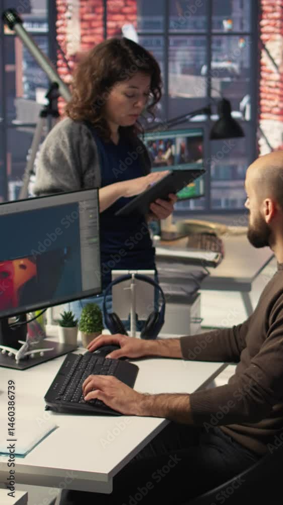 Fototapete Vertical Video Game developer creates Mars based virtual station using AI tools. Futuristic program processes data with deep learning and automation to optimize game design and development. Camera A.