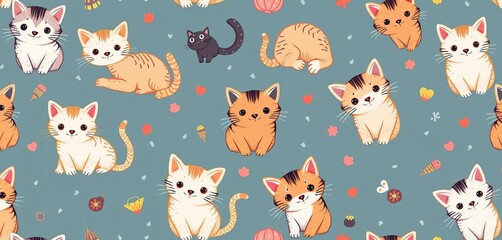 Obraz premium Seamless playful kitten pattern, diverse styles, childish texture ideal for fabric, adorable, illustration