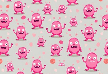 Fototapeta premium Seamless vector print of cute pink monsters with abstract shapes in a girly pattern, repeat, funny