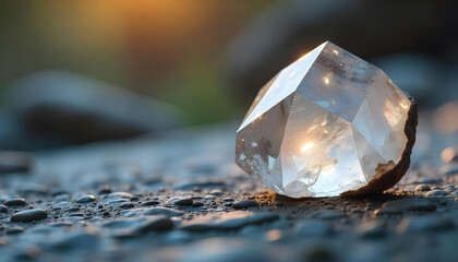 A close-up of a sparkling clear crystal with warm reflections, resting on a wet surface in a natural environment, symbolizing purity and natural beauty.