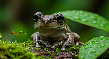 Naklejka premium Close-up of a Small Frog in Lush Rainforest