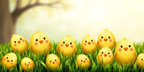 Seamless vector pattern of cute yellow Easter eggs with chick faces on green grass, cheerful, adorable
