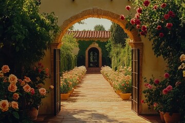 Charming entrance to Mediterranean-style villa with flowers and white walls