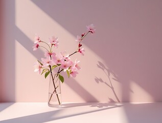 Elegant minimalistic floral composition with delicate cherry blossoms in a clear glass vase casting soft shadows on a pastel pink wall, evoking calm and natural beauty
