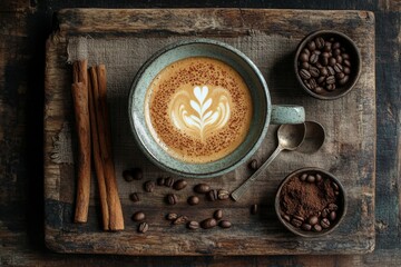 Top view of cappuccino with latte art served on wooden tray with cookies and coffee beans