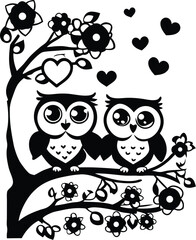 Fototapeta premium Romantic Owl Couple on a Blossom Tree – Love Silhouette Art