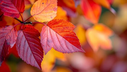 Obraz premium Vibrant autumn leaves in red, orange, and yellow hues. Close-up shot showcasing leaf textures and color variations.