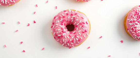 Fototapeta premium Pink heart sprinkle donut on white background, ample copy space, advertising, stock photo