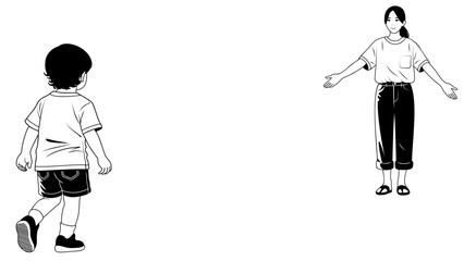 Black and white vector of a boy walking toward a smiling woman with open arms. Minimalist design with empty space in the center, perfect for text or message placement. Isolated on white background.