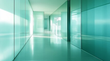 Empty teal glass corridor extending into the distance.