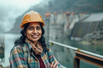 Portrait of a smiling middle aged indian female engineer at hydroelectric plant