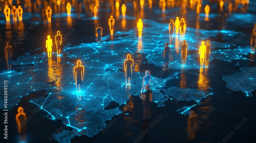 Wall mural global network connection digital people world map illustration web data blue media lines nodes