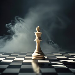 a lone chess piece, a white queen, poised on a checkered floor that stretches into an infinite vanishing point. The queen is intricately carved from ivory, casting long shadows under a single spotligh