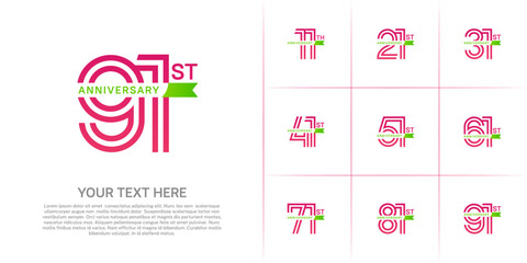 Anniversary logo type set with double line number. purple color with small green ribbon for celebration event