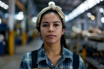 Fototapeta premium Portrait of a young adult hispanic female Assembly Line Worker