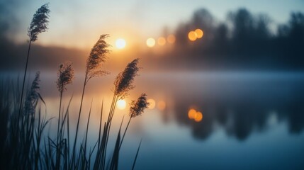 Naklejka premium Misty sunrise over a tranquil water scene with reeds.