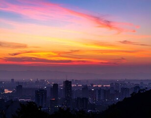 Fototapeta premium Stunning sunset over a cityscape, vibrant colors paint the sky above the city skyline at dusk.