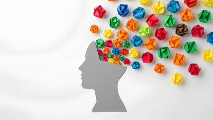 Mindful Creativity: A head silhouette is bursting with colorful origami letters, symbolizing the power of creative thinking and imagination. An abstract representation of brainstorming.