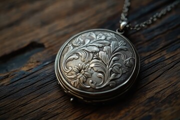 Ornate silver locket pendant with floral engraving, resting on dark wood.