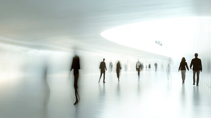 Obraz premium Bright and open workplace with blurred figures of people walking, minimalist decor and modern design emphasizing productivity. 
