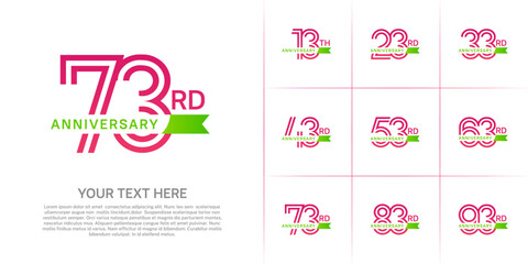 Anniversary logo type set with double line number. purple color with small green ribbon for celebration event