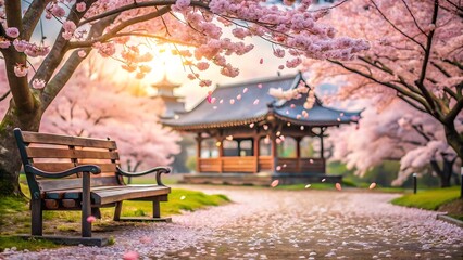 Obraz premium Wooden Chair Covered in Falling Cherry Blossoms in a Japanese Garden