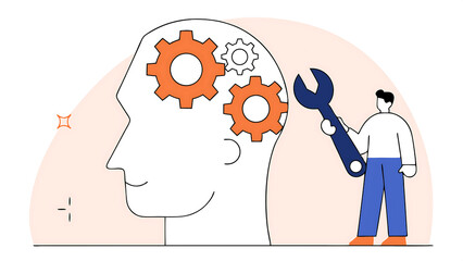 change mindset or attitude psychology or brain training to learn new skill to success mentor or coaching concept businessman with wrench to adjust gear cogwheels on human head metaphor of mindset