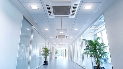 Bright, modern office hallway with sleek finishes, energy-efficient air conditioning integrated seamlessly into the ceiling. 