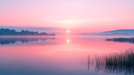 Obraz premium Serene sunrise over a tranquil lake reflecting pastel hues.