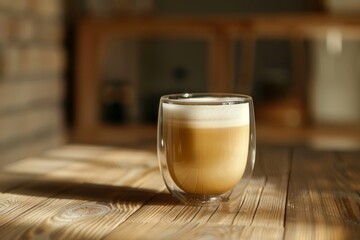 Side view of a cappuccino in a clear glass cup on wooden table in coffee shop
