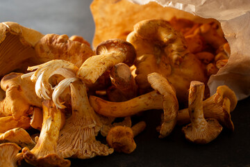 A closeup view of a pile of golden chanterelle mushrooms.