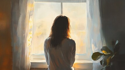 Woman seated by window gazing out at sunlight.