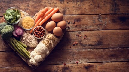 Heart-shaped arrangement of nutritious foods on wooden surface, symbolizing love and healthy eating
