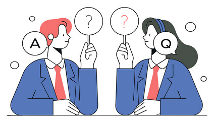 faq frequently asked questions discussion or questions and answers to get solution on any problems concept smart businessman and businesswoman blow flying bubbles with q and a question mark sign