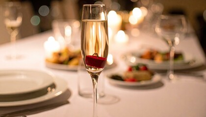 Romantic dinner proposal with champagne and ring in a red box.
