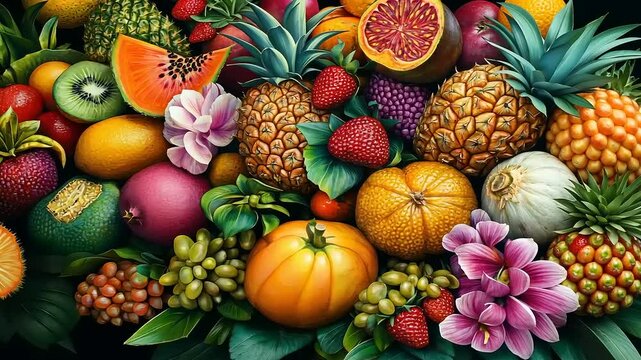 Vibrant Still Life: An Artistic Assemblage of Exotic Fruits and Blossoming Flowers
