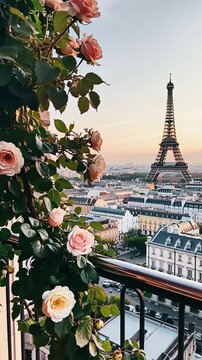 eiffel tower view, paris balcony roses, pink roses balcony, romantic paris scene, balcony with eiffel tower, flowers in paris, pink roses view, parisian balcony decor, eiffel tower flowers, scenic par
