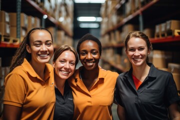 Smiling portrait of a diverse group of female warehouse workers and managers working in a warehouse