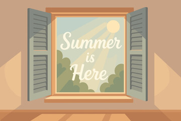 Summer is Here: Cheerful Lettering in a Sunlit Window Scene  