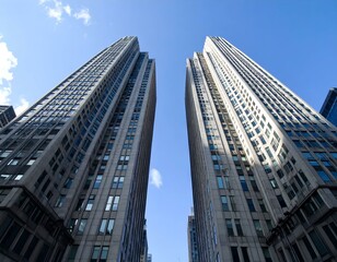 Obraz premium Twin skyscrapers reaching for a clear blue sky. A low-angle shot emphasizes the height and architectural details.