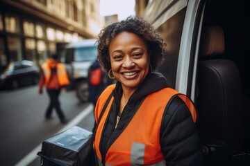 Smiling portrait of a middle aged female delivery worker working for a postal service in the city
