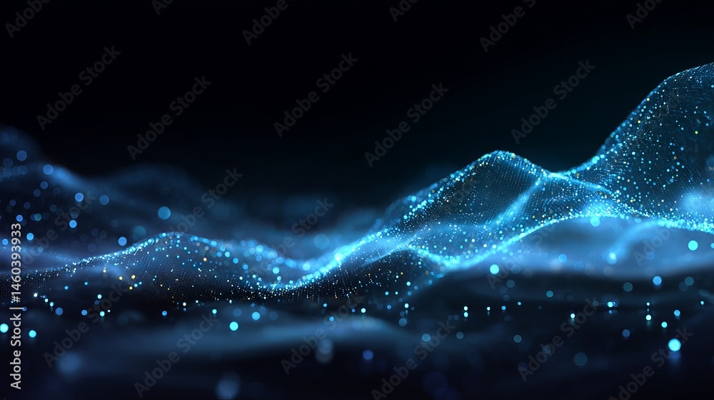 Wall mural abstract blue particle wave digital background texture design illustration 3d data glow dark light