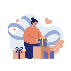 Woman wrapping gifts for special occasion with blue and peach presents and heart decorations vector illustration 