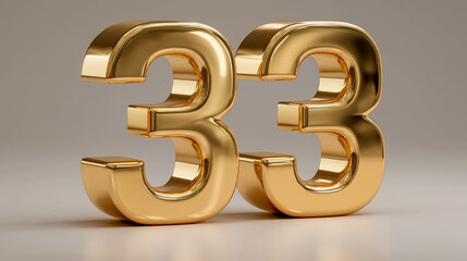 Obraz premium Golden number 33 displayed prominently with a polished metallic finish against a neutral background