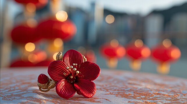Close-up of a red bauhinia brooch on silk, golden light on petals, festive city backdrop - celebrating Hong Kong's establishment day with elegance.
