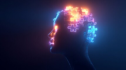 Obraz premium Abstract neon puzzle head profile digital art illustration mind idea blue dark brain light bright