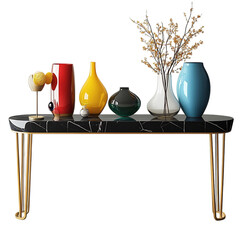 A Sleek Black Marble Console Table with Gold Accents Isolated on Transparent Background