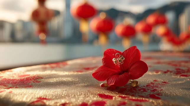 Close-up of a red bauhinia brooch on silk, golden light on petals, festive city backdrop - celebrating Hong Kong's establishment day with elegance.
