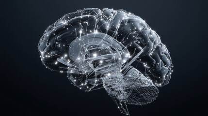 Abstract digital brain network connections visualization image 3d mind idea data gray dark model